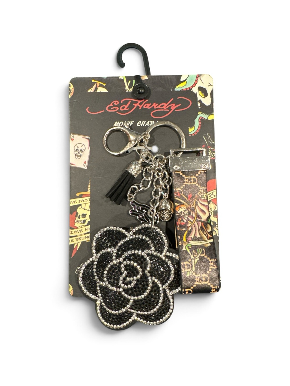Ed Hardy Black Crystal Rose Keychain Wristlet NWT